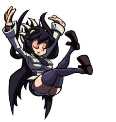 5_fingers black_skirt black_tie both_eyes_closed breasts closed_eyes closed_eyes filia_(skullgirls) official_art panties pantyshot shoes skullgirls tie transparent_background white_panties