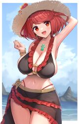 1girls alternate_breast_size alternate_costume arm_up beach big_breasts blush bracelet breasts cleavage cloud core_crystal dress earrings female female_focus female_only flower frilled_dress frills gonzarez hand_up hanging_breasts happy hat head_tilt huge_breasts large_breasts light-skinned_female light_blush light_skin navel nintendo open_mouth pyra red_hair rocks sideboob sky smile smiling smiling_at_viewer solo standing straw_hat sun_hat sunlight sweat swimsuit tagme thighs thin_waist water wide_hips xenoblade_(series) xenoblade_chronicles_2