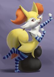 3_fingers absurd_res animal_genitalia anthro arm_warmers armwear ashbel_the_braixen balls big_balls big_sheath braixen canid canine clothing fingerless_gloves fingers fur gefauz generation_6_pokemon genitals gloves handwear hi_res huge_balls huge_sheath hyper hyper_balls hyper_genitalia hyper_sheath inner_ear_fluff legwear looking_at_viewer male male_only mammal nintendo open_mouth pattern_clothing pattern_legwear penis penis_tip pokemon pokemon_(species) sheath smile solo stockings striped_clothing striped_legwear stripes thigh_highs tuft white_body white_fur yellow_body yellow_fur