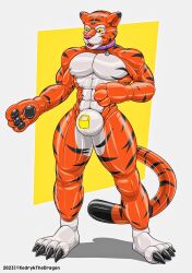 absurd_res anthro bound bulge clothing collar encasement felid hi_res lock_bulge male mammal pantherine rubber rubber_clothing rubber_suit solo tiger toysuit