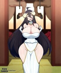 1girls 2animals albedo_(overlord) bestiality big_ass big_breasts breasts cleavage closed_eyes demon_girl dress erection fake_face female horse horsecock imminent_sex imminent_zoophilia large_ass offscreen_character offscreen_male overlord_(maruyama) penis skimpy_clothes smile solo succubus wide_hips zoophilia
