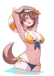 ;d animal animal_ears armpits arms_behind_head arms_up ball beachball bikini black_bikini blush bone_hair_ornament breasts brown_eyes brown_hair cleavage collarbone commentary deaver dog_ears dog_girl dog_tail fangs female hair_ornament highres holding holding_ball holding_beachball hololive hololive_gamers hololive_japan inugami_korone layered_bikini looking_at_viewer medium_breasts medium_hair mismatched_bikini navel one_eye_closed open_mouth simple_background smile solo standing stomach swimsuit tail virtual_youtuber visor_cap wading white_background yellow_bikini