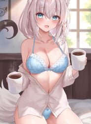 absurdres animal_ear_fluff animal_ears blue_bra blue_eyes blue_panties blurry blurry_background blush bow bow_bra bow_panties bra braid breasts coffee collarbone cup female fox_ears fox_girl hair_between_eyes hayasaka_(a865675167774) highres holding holding_cup hololive hololive_gamers hololive_gen_1 hololive_japan indoors lace-trimmed_bra lace_trim large_breasts looking_at_viewer medium_hair navel off_shoulder open_mouth paid_reward_available panties shirakami_fubuki shirt short_hair single_braid solo underwear virtual_youtuber white_hair white_shirt window