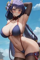 1girls ai_generated amiral_ai armpits bikini breasts cutesexyrobutts_ai_artstyle_imitation female genshin_impact large_breasts light-skinned_female light_skin long_hair presenting_armpit purple_eyes purple_hair raiden_shogun slim_waist thick_thighs