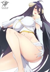 1girls albedo_(overlord) ass ass_grab big_breasts black_hair blush breasts demon feet_out_of_frame female gloves horns kaos_art long_hair nipple_bulge overlord_(maruyama) smile solo succubus thighs wings yellow_eyes