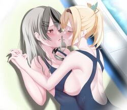 2girls absurdres after_kiss asymmetrical_docking back backless_swimsuit black_hair blonde_hair blue_one-piece_swimsuit blush breast_press breasts breath brown_hairband closed_eyes competition_swimsuit ear_piercing face-to-face grey_hair hair_between_eyes hair_ornament hairband highres holding_hands hololive hololive_japan holox interlocked_fingers kazama_iroha kissing large_breasts lesbian long_hair looking_at_another lying medium_breasts multicolored_hair multiple_girls nakume_(harisenbon968) nipples on_back one-piece_swimsuit one_breast_out open_mouth piercing ponytail poolside red_eyes sakamata_chloe saliva saliva_trail streaked_hair sweat swimsuit tongue tongue_out virtual_youtuber x_hair_ornament yuri