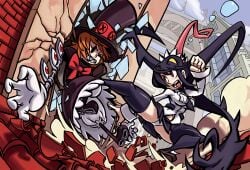 4_fingers cracked_wall fight fighting filia_(skullgirls) gloves hat headwear official_art panties pantyshot peacock_(skullgirls) skullgirls thigh_highs thighhighs top_hat tophat white_gloves white_panties