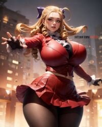 1girls ai_generated big_breasts black_gloves blonde_hair breasts breasts_bigger_than_head capcom city_background clothing eyes female female_only hairbow huge_breasts karin_kanzuki kw0337 outdoors outside standing street_fighter street_fighter_v thick thick_thighs wide_hips