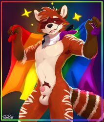 1boy absurd_res animal_genitalia anthro arm_markings asexual_pride_colors balls bear black_nose brown_body brown_fur cheek_tuft facial_tuft fangs flag fur gay gay_pride_colors genitals giant_panda glistening glistening_eyes hi_res holding_flag holding_object leg_markings lgbt_pride light_balls light_body light_fur light_markings light_sheath male male_focus male_only mammal markings mostly_nude navel neckerchief one_eye_closed open_mouth pache_riggs penis penis_tip portrait pride_color_flag pride_colors rainbow_pride_colors red_body red_eyes red_fur red_penis sheath signature solo standing striped_markings striped_tail stripes tail tail_markings tan_balls tan_body tan_fur tan_sheath teeth three-quarter_portrait tuft