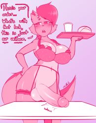 anthro balls biffalo blush blush_lines bottomless bra clothed clothing dialogue domestic_cat english_text felid feline felis female futanari genitals intersex mammal partially_clothed penis simple_background siren_(biffalo) solo text underwear waiter