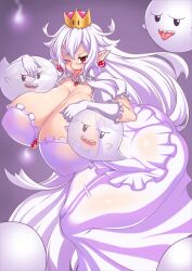 absurd_res alternate_species alternate_version_available big_breasts boo_(mario) boosette breasts cleavage clothed clothing crown dress ear_piercing ear_ring hair hi_res huge_breasts humanoid humanoidized luigi's_mansion mario_(series) new_super_mario_bros._u_deluxe nintendo nipple_outline one_eye_closed piercing questzer red_eyes royalty rule_63 sharp_teeth super_crown teeth tongue tongue_out translucent translucent_body video_games white_hair wink