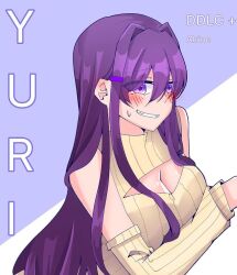 alrin_e big_breasts blush_lines breasts cleavage doki_doki_literature_club english_text hair_intakes long_hair purple_eyes purple_hair smile text yuri_(doki_doki_literature_club)