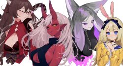 akumi black_hair blonde_hair blue_eyes bunny_ears bunny_girl dya_rikku_(vtuber) face_markings female female_only fox_ears momotexx_(vtuber) multiple_girls oni oni_horns pink_hair red_body red_eyes red_skin scars virtual_youtuber vivixstar vyugen white_eyes white_hair wolf_ears yellow_eyes yenko