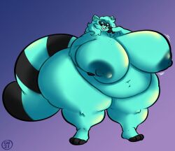 1girls anthro areolae bbw big_breasts blue_body blue_hair breasts fat fat_female female female_only furry gammanaut huge_breasts obese obese_anthro obese_female overweight overweight_anthro overweight_female raccoon raccoon_girl simple_background solo thick_thighs