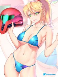 1girls assault_visor bikini blonde_hair blue_bikini breasts cleavage etchimune female female_only green_eyes helmet helmet_with_visor large_breasts long_hair looking_at_viewer metroid mole mole_under_mouth navel nintendo ponytail samus_aran simple_background smile solo swimsuit thong thong_bikini varia_suit_helmet