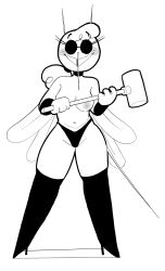 accessory anthro arthropod black_and_white boots breasts clothing creator_ant dipteran eyewear female footwear genitals glasses hammer hi_res insects legwear monochrome mosquito mostly_nude navel nipples nude simple_background smile solo stockings teeth tools wings