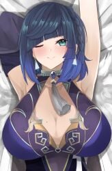 1girls birthmark breasts chinese_clothes cleavage cleavage_cutout genshin_impact green_eyes indigo_hair jewelry large_breasts looking_at_viewer lying_on_bed one_eye_closed orein parted_bangs short_hair smile upper_body yelan_(genshin_impact)