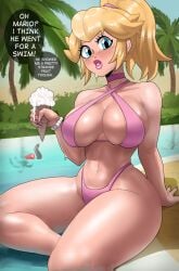 1female 1girls absurdres big_breasts bikini blonde_hair blue_eyes breasts echosaber elephant elephant_mario elephantid english_text female large_breasts light-skinned_female long_hair mario mario_(series) nintendo princess_peach super_mario_bros._wonder swimsuit thick_lips thick_thighs water