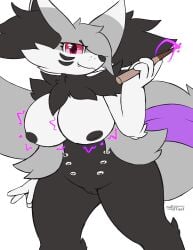 2023 absurd_res anthro areola artist_name asexual_colors belly_nipples black_areola black_body black_fur black_nipples black_nose braixen breasts canid cheek_tuft cute_fangs dipstick_ears facial_tuft female fur generation_6_pokemon genitals grey_body grey_fur hi_res humanoid_genitalia humanoid_pussy inner_ear_fluff magic magic_user mammal markings medium_breasts multicolored_ears neck_tuft nintendo nipples nulloffset pink_eyes pokemon pokemon_(species) pussy quote_(nulloffset) simple_background solo tuft wand whisker_markings white_areola white_background white_nipples