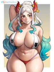 1girls armpits bikini breasts cleavage female female_only hips horns huge_breasts light-skinned_female light_skin long_hair one_piece ponytail sideboob suavicreamdraws thick_thighs thighs white_hair wide_hips yamato_(one_piece)