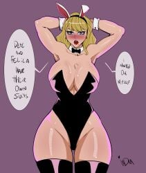 1girls big_breasts blonde blonde_female blonde_hair blue_eyes bunny_ears bunnysuit english_text female female_only gwen_stacy hairband huge_breasts indralvspaizuri jealous long_socks marvel marvel_comics playboy_bunny solo spider-man_(series) text thick_thighs thighs