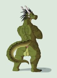 anthro anus ass crossed_arms digital_media_(artwork) green_body green_scales hi_res horn lizard male multicolored_body muscular muscular_anthro muscular_male presenting presenting_anus presenting_balls presenting_hindquarters raised_tail rear_view reptile scales scalie scar sillywerwolf solo spikes tail two_tone_body yellow_eyes