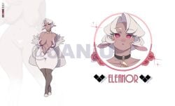 anthro artist_name big_breasts choker clothed coat dress eleanor_(oanju) female flowers hooves large_ass large_breasts long_ears no_clothes not_furry oanju_ pantyhose red_eyes sheep sheep_girl simple_background white_dress white_hair