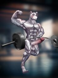 1boy absurd_res balls bear blush bodily_fluids cum deadlift exercise flexing genital_fluids genitals hartz_(artist) hi_res male male_focus mammal muscular_male penis precum what