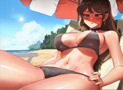 1boy 1girls bikini black_thong breasts brown_hair clothing_entrapment entrapment female giantess kkasi00 lotion macro male size_difference slipping smaller_male smile summer suntan suntan_lotion swimsuit swimwear thong thong_bikini trapped trapped_in_clothing trapped_in_thong