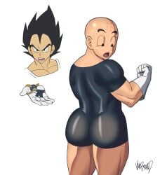 1boy ass bald bara big_ass big_butt black_hair butt dragon_ball dragon_ball_z fat_ass fat_butt gay huge_ass huge_butt krillin kuririn male male_only shounen_jump skin_tight solo thick_ass thick_butt van_brand_artworks vegeta