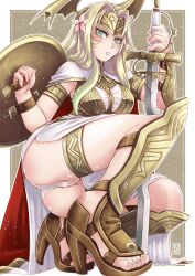 1girls absurd_res armor artist_name ass bare_legs big_ass dress female female_only fire_emblem fire_emblem:_three_houses flower flower_in_hair gensox green_eyes green_hair hair_ornament hi_res high_heels legs light-skinned_female light_skin long_hair looking_at_viewer nintendo panties pantyshot rhea_(fire_emblem) seiros_(fire_emblem) shield shin_guards solo squatting sword upskirt watermark white_panties