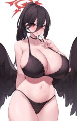 1girls absurd_res black_hair blue_archive bra breasts female halo hasumi_(blue_archive) hi_res hips huge_breasts kuavera light-skinned_female light_skin long_hair panties ponytail red_eyes simple_background thick_thighs thighs wide_hips wings