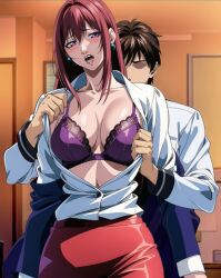 1boy 1girls ai_generated bible_black big_breasts bra breasts breasts_out cleavage duo duo_focus embarrassed faceless_male female grabbing grabbing_from_behind long_hair male male/female male_with_female mature mature_female nai_diffusion open_clothes open_shirt oppai red_hair stable_diffusion straight takashiro_hiroko teacher_and_student undressed undressing undressing_partner voluptuous