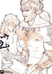 2boys body_hair boner cock_size_difference erection ganondorf ganondorf_(tears_of_the_kingdom) gay hairy link link_(tears_of_the_kingdom) male male_only masturbation monochrome muepin muscular muscular_male nude penis size_difference surprised tears_of_the_kingdom the_legend_of_zelda yaoi