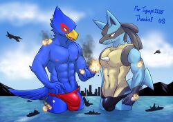 2023 aircraft airplane anthro avian bird blue_body blue_fur bulge canid canine city clothing crush detailed_bulge duo falco_lombardi fur generation_4_pokemon genital_outline green_eyes hi_res hppconcorde jet lucario macro male mammal nintendo pecs pokemon pokemon_(species) red_eyes sea ship speedo spikes spikes_(anatomy) star_fox swimwear vehicle water watercraft