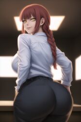 ai_generated ass_focus bangs bending_over bent_over big_ass big_breasts black_heels black_pants braided_hair braided_ponytail chainsaw_man indoors looking_at_viewer looking_back makima_(chainsaw_man) rear_view red_hair ringed_eyes round_ass skintight_clothing slight_smile stable_diffusion wgenjoyr4539 white_shirt yellow_eyes