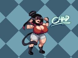 bandanachad black_hair black_lipstick female flexing indie_virtual_youtuber monkey_girl muscle_girl muscular_female pink_hair purple_eyes saruchi_chinaru shorts thick_thighs virtual_youtuber vtuber