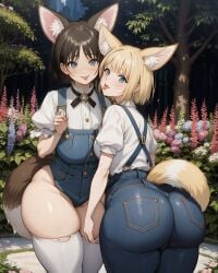 2girls :p ai_generated animal_ear_fluff animal_ears ass bangs blonde_hair blue_eyes blush breasts brown_hair buttons denim extra_ears flower forest fox_ears fox_girl fox_tail huge_ass jeans looking_at_viewer looking_back medium_breasts multiple_girls nature original outdoors overalls pants parted_bangs puffy_short_sleeves puffy_sleeves shirt short_hair short_sleeves skindentation standing suspenders tail tail_through_clothes thick_thighs thighhighs thighs tongue tongue_out tree white_shirt white_thighhighs wide_hips