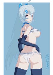 absurdres ass ass_focus breasts female from_behind grinnsfw hair_ornament highres honkai_(series) honkai_impact_3rd idol large_breasts lifted_by_self looking_at_viewer multiple_views nipples panties shigure_kira thighhighs thighs turnaround underwear white_panties