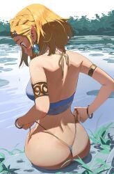 1girls armlet ass ass_focus back bare_arms bare_back bare_shoulders bikini bikini_bottom_untied blonde_hair blush bracelet braid earrings female from_behind gem gold_(metal) gold_jewelry green_eyes jewelry nintendo outdoors outside pointy_ears princess_zelda short_hair side-tie_bikini_bottom sitting solo some1else45 string_bikini swimsuit tears_of_the_kingdom the_legend_of_zelda thong thong_bikini wardrobe_malfunction water zelda_(tears_of_the_kingdom)