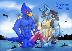 2023 aircraft airplane anthro avian bird blue_body blue_fur bodily_fluids canid canine city crush duo erection falco_lombardi frottage fur generation_4_pokemon genital_fluids genital_outline genitals green_eyes hi_res hppconcorde jet lucario macro male mammal nintendo pecs penis pokemon pokemon_(species) precum red_eyes sea sex ship spikes spikes_(anatomy) star_fox vehicle water watercraft