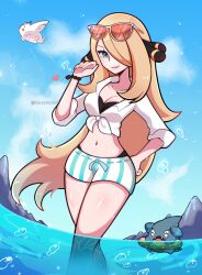 1girls 2023 artist_name big_breasts blonde_hair blue_eyes bracelet cleavage cynthia_(pokemon) game_freak gible hair_ornament hair_over_one_eye hand_on_hip hand_on_own_hip heart hourglass_figure long_blonde_hair long_hair looking_at_viewer pokemon standing_in_water sunglasses sunglasses_on_head swim_ring tied_shirt togekiss touyarokii water