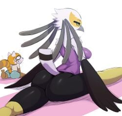 2018 accipitriform aggressive_retsuko ailurid anthro ass avian big_butt bird bodily_fluids bottomwear breasts closed_eyes clothed clothing digital_media_(artwork) duo empty_eyes feather_hands feathers female flexible hi_res mammal non-mammal_breasts pain pants red_panda retsuko sanrio secretary_bird secretary_washimi shaking shirt spandex splits spread_legs spreading sssonic2 t-shirt tank_top tears teeth thick_thighs tight_clothing topwear yoga yoga_pants