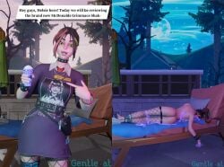 1girls ass before_and_after comic death drink female_death fishnets fortnite gentlecat green_eyes grimace_shake helsie_(fortnite) instant_grimace liquid mcdonald's meme multicolored_hair on_side ponytail pussy_exposed spiked_bracelet tagme