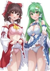 2girls absurdres ascot bare_shoulders blue_skirt blush bow bra brown_eyes brown_hair clothes_lift detached_sleeves female female_only frilled_skirt frills green_eyes green_hair hair_between_eyes hair_tubes hairbow hakurei_reimu highres japanese_clothes kochiya_sanae lifted_by_self long_hair multiple_girls nontraditional_miko open_mouth panties pink_bra pink_panties ramie_(ramie541) red_bow red_skirt reimu_hakurei ribbon-trimmed_sleeves ribbon_trim sanae_kochiya sidelocks simple_background skirt skirt_lift touhou underwear white_background white_bra white_panties white_sleeves wide_sleeves yellow_ascot