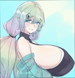 big_breasts blue_eyes blush_lines breasts breasts_bigger_than_head enormous_breasts gigantic_breasts hands_below_boobs huge_breasts light-skinned_female light_skin looking_at_viewer multicolored_hair white_hair