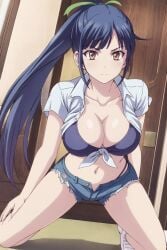 1girls ai_generated big_breasts blue_hair bra brown_eyes busty cleavage denim_shorts female female_only front-tie_top kneeling large_breasts legs long_hair looking_at_viewer megami_no_kafeterasu midriff navel open_shirt ponytail shorts solo thighs thong tsuruga_ami voluptuous