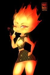 2023 blush breasts clothed clothing digital_media_(artwork) disney dress elemental_(pixar) elemental_creature elemental_humanoid ember_lumen female fire fire_creature fire_humanoid flaming_hair genitals hi_res humanoid looking_at_viewer nipples not_furry open_clothing open_dress pixar pseudo_hair pussy rin_tyan short_dress simple_background smile smirk solo standing upskirt