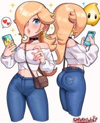 ass belly_button big_ass big_breasts big_butt blonde_hair blue_eyes blush breasts choker clothed clothing crop_top dat_ass denim engagement_ring female hair_over_one_eye heart jeans low_cut_top luma mario_(series) nintendo painted_nails pants princess_rosalina purse sarukaiwolf shoulderless_topwear smartphone speech_bubble star_earrings super_mario_galaxy tight_jeans tight_pants tight_trousers trousers white_topwear