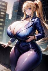 ai_generated alternate_breast_size aroused blazer blonde_hair blue_eyes bracelet buisness_suit buttons city cleavage curvy detailed_background evening gigantic_breasts hair_tie huge_breasts looking_at_viewer metroid narrow_waist nintendo outdoors pants ponytail pose rooftop samus_aran shiny_hair smile stable_diffusion standing thick_thighs video_games wide_hips xenomon zero_suit_samus